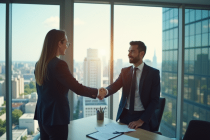 Agent immobilier en bureau moderne serre la main d un client