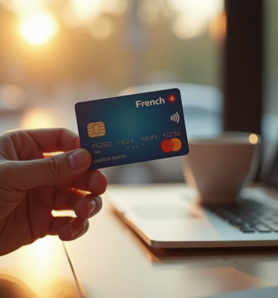 Personne tenant une carte bancaire française au café