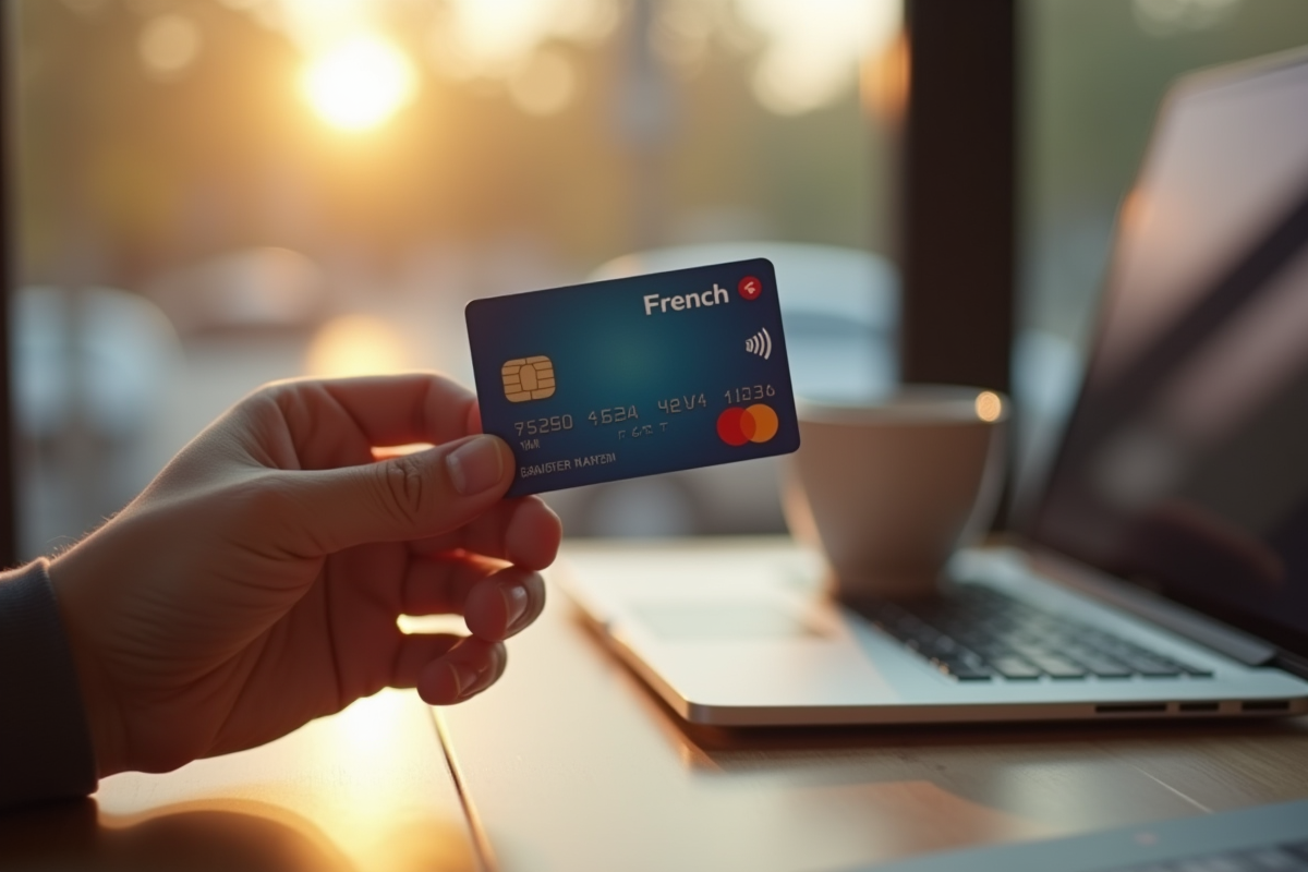 Personne tenant une carte bancaire française au café