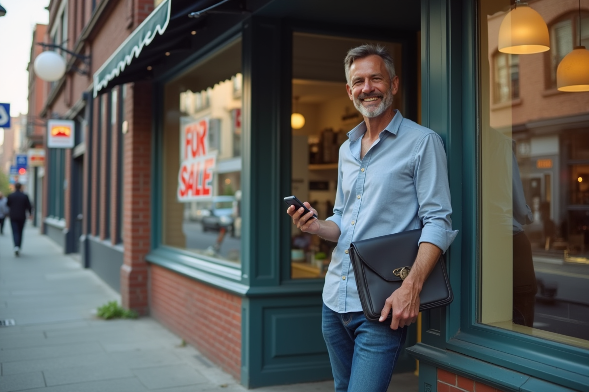 Homme souriant devant une boutique avec panneau a vendre dans un environnement urbain