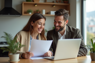 Couple souriant examinant documents de prêt immobilier