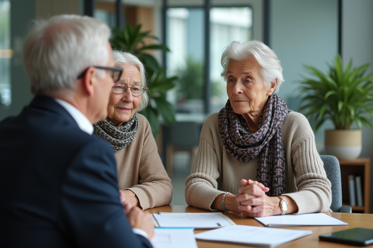 Couple âgé écoutant un conseiller bancaire dans un espace moderne
