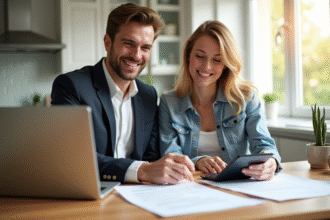 Couple souriant examinant documents de prêt immobilier
