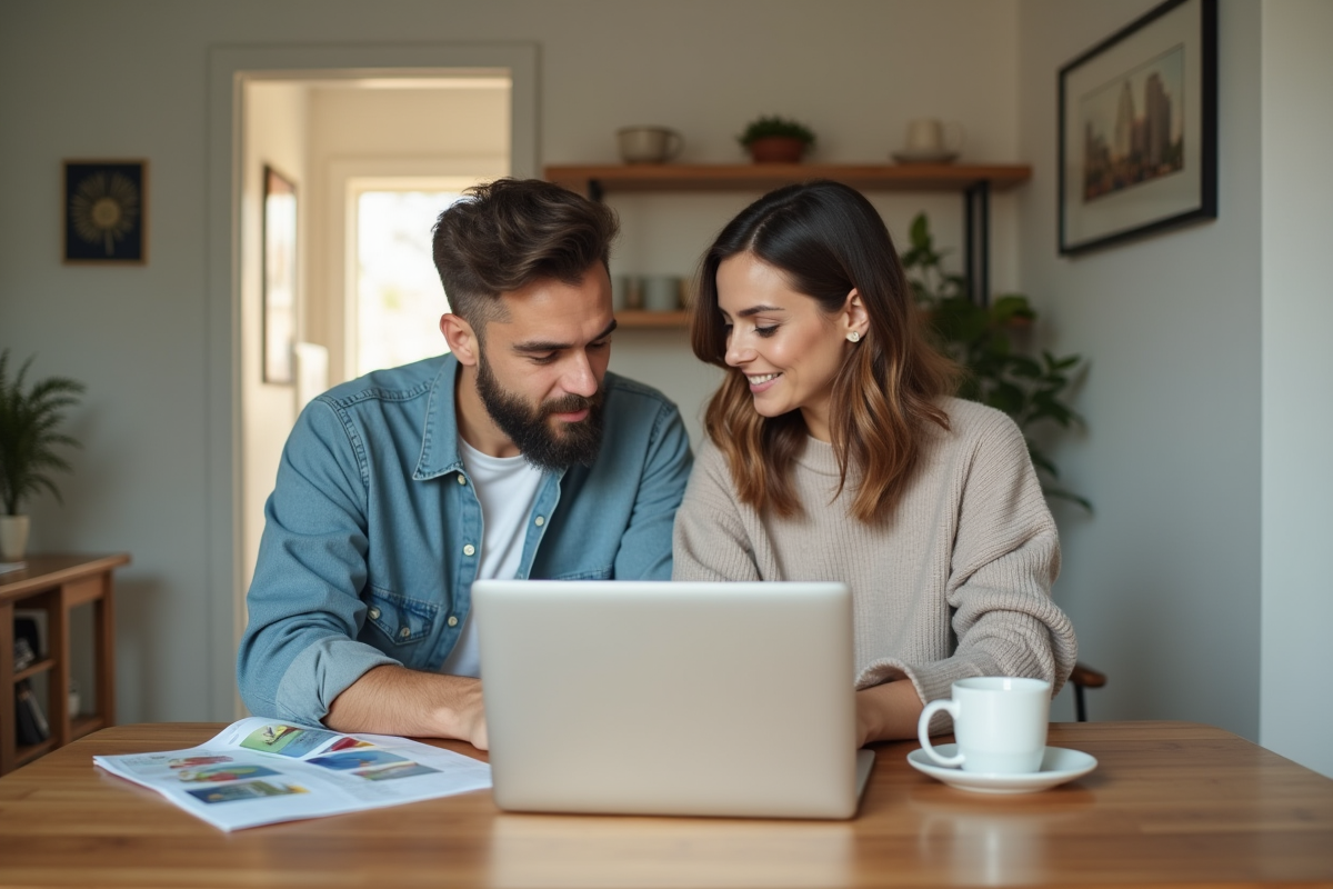 Jeune couple discutant de papiers d