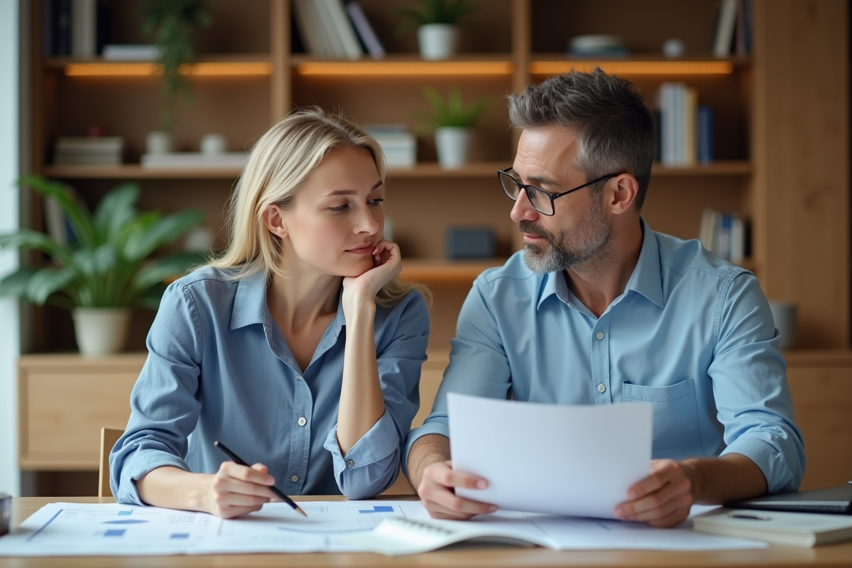 Couple d'adultes analysant des documents financiers à la maison