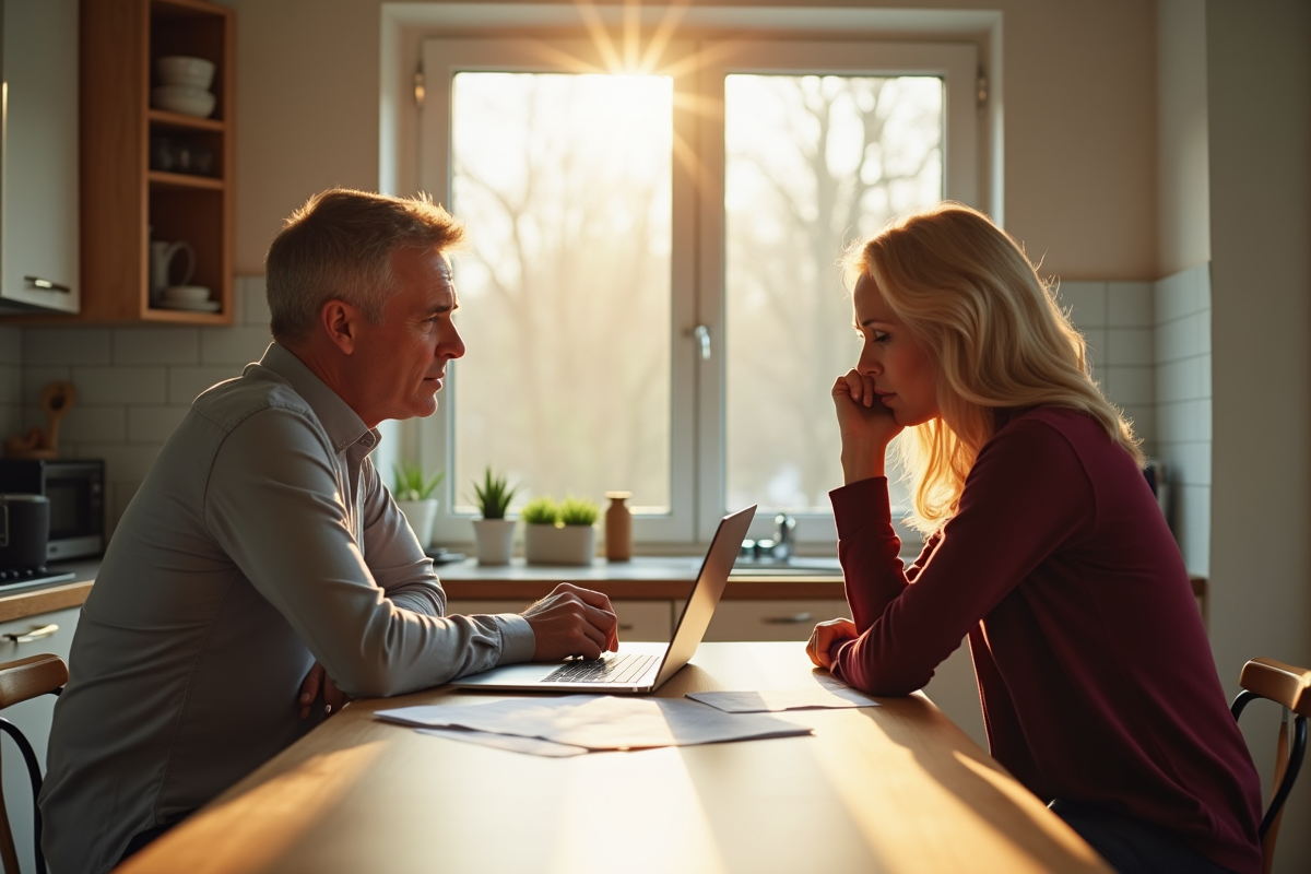Couple inquiet assis à la cuisine avec papiers et ordinateur