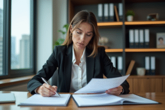 Femme d'affaires examinant des documents d'assurance