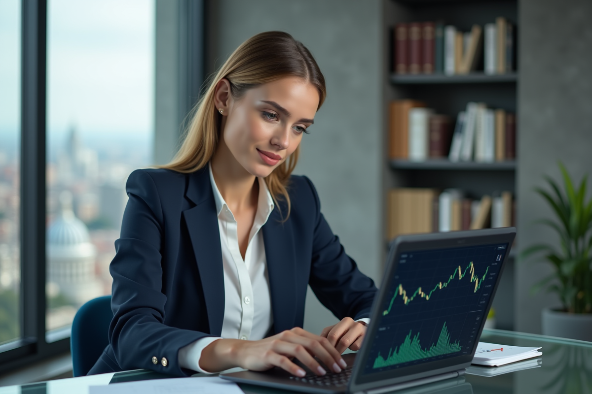 Femme d'affaires en bureau moderne avec ordinateur et graphiques