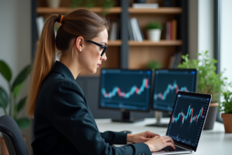 Jeune femme analysant des données de cryptomonnaie sur son ordinateur