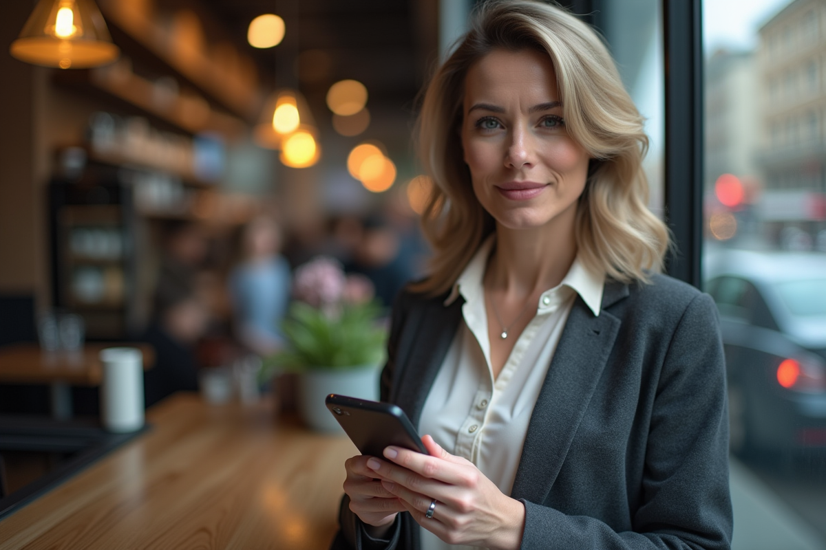 Femme au café vérifiant son smartphone dans la ville