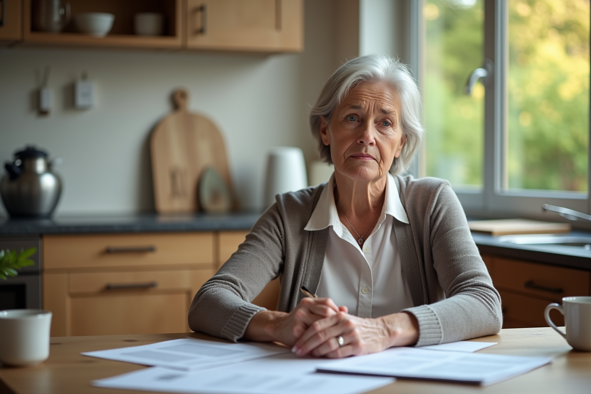 Femme concentrée à la cuisine avec documents et stylo