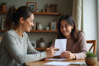 Femme donnant un document à sa fille dans un intérieur chaleureux
