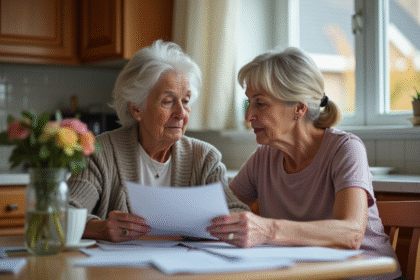 Femme âgée et fille consultent brochures funéraires