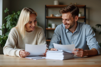 Femme et jeune homme discutant de documents financiers à la maison