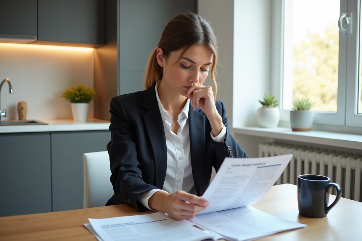 Femme en business casual examinant des documents de prêt