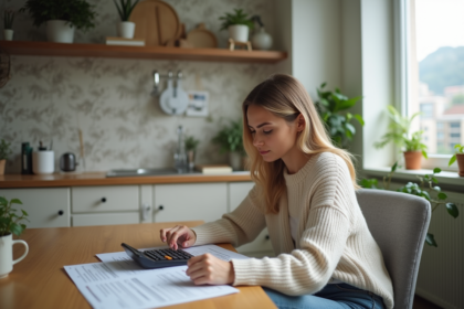 Femme assise à une table de cuisine moderne avec documents bancaires