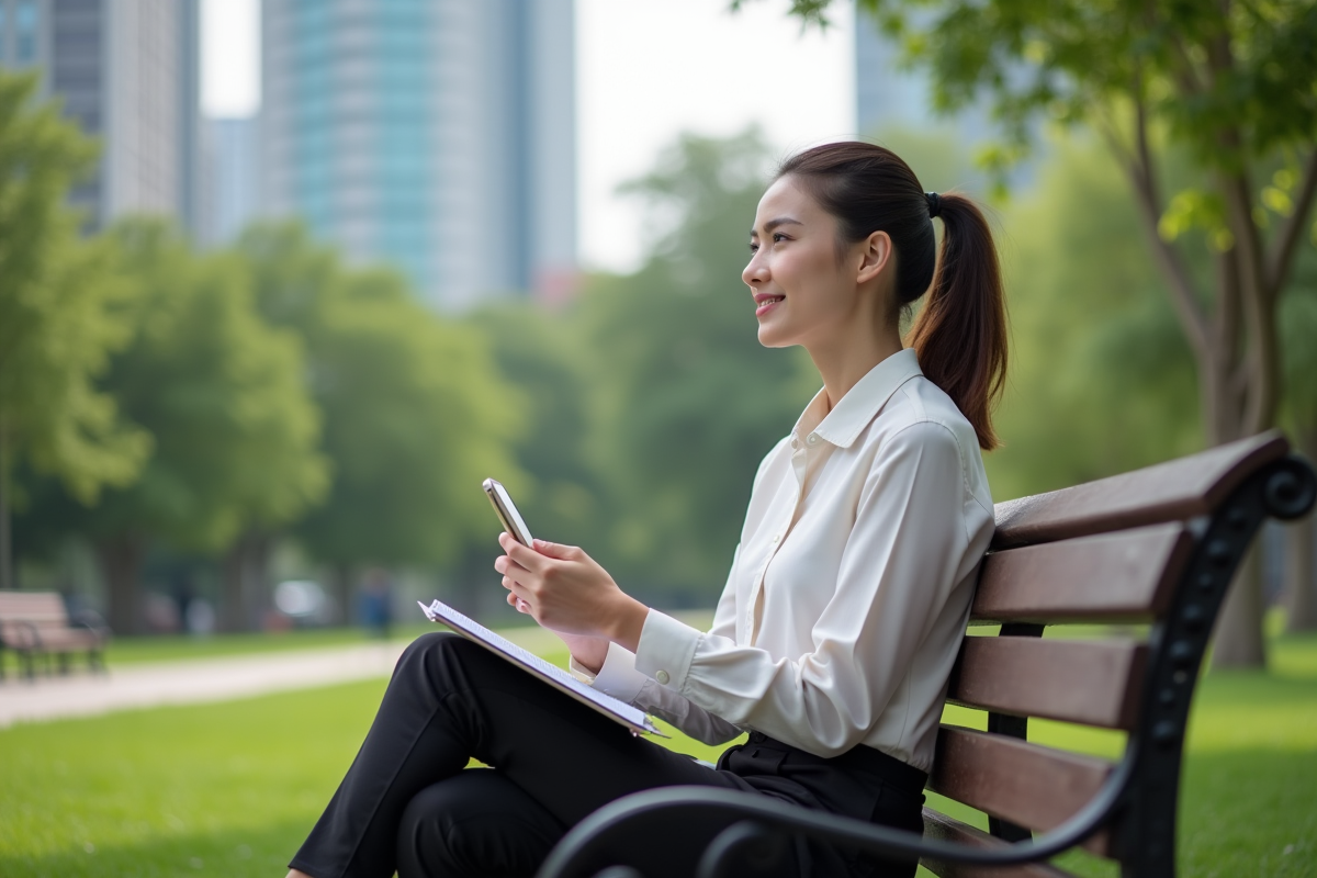 Jeune femme professionnelle dans un parc urbain