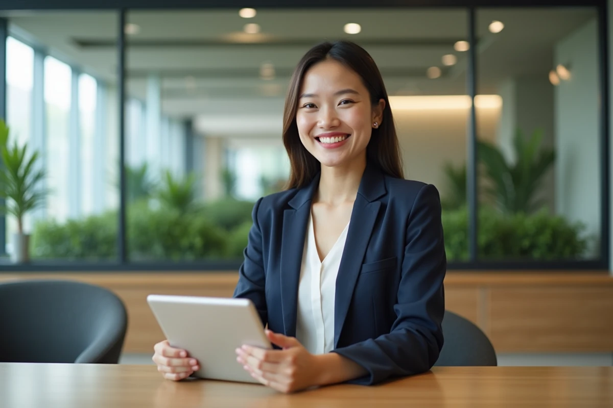 Jeune femme en banque avec tablette et jardin intérieur