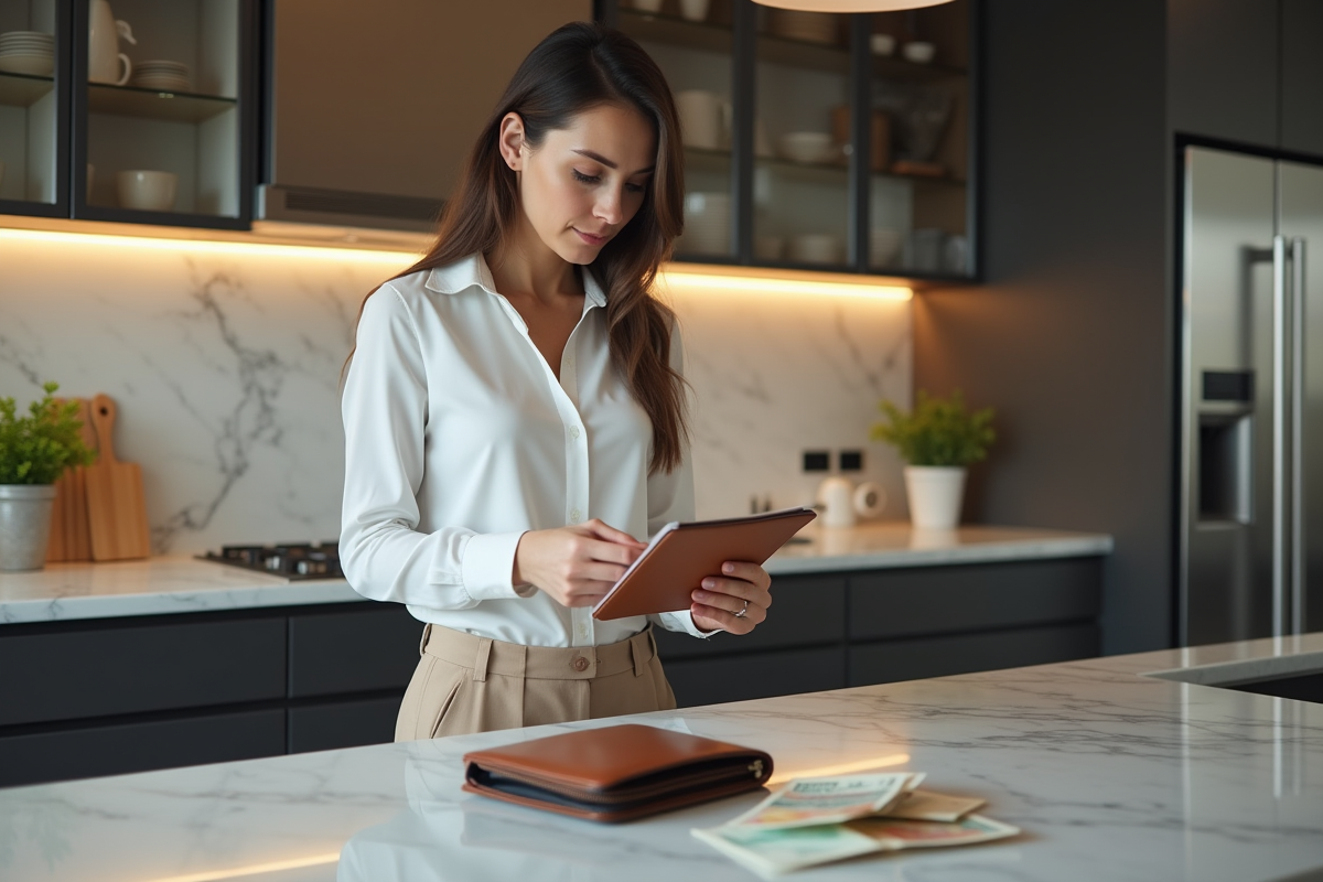 Jeune femme triant des reçus avec un portefeuille dans la cuisine