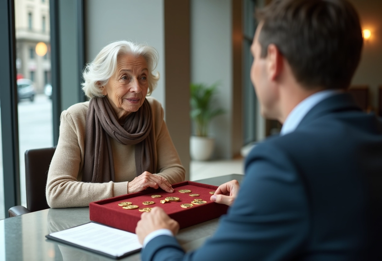 Femme âgée rencontrant un conseiller bancaire avec des lingots d
