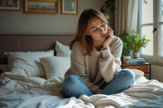 Femme assise dans une chambre lumineuse et cosy