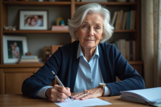 Femme âgée remplissant des papiers de retraite dans un bureau chaleureux