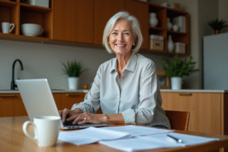 Femme retraitée souriante à la maison avec papiers et ordinateur