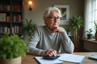 Femme d'âge moyen examine des documents de pension à la maison