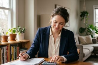 Femme d'affaires réfléchissant à ses papiers dans la cuisine