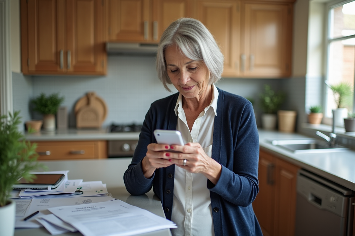 Femme senior utilisant son smartphone pour scanner des papiers d