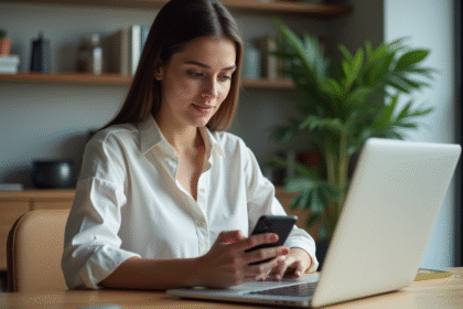 Jeune femme utilisant smartphone et ordinateur portable