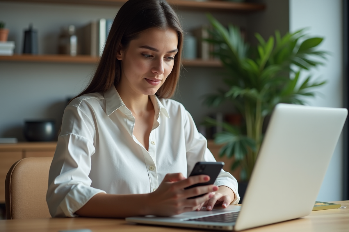 Jeune femme utilisant smartphone et ordinateur portable