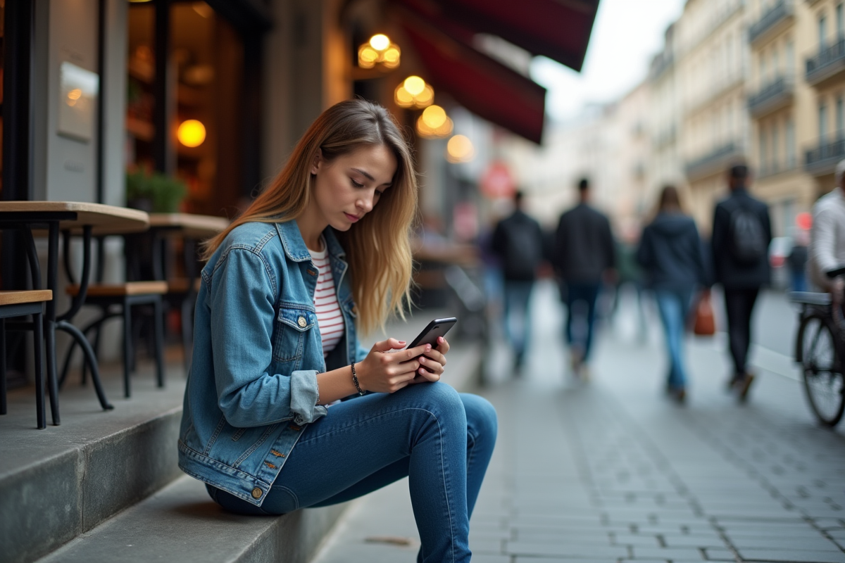 Jeune femme vérifiant le prix du Bitcoin sur son smartphone dehors