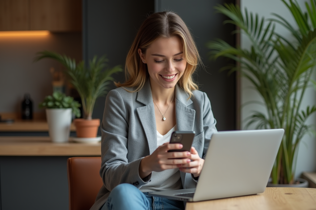 Jeune femme utilisant smartphone et laptop pour paiement