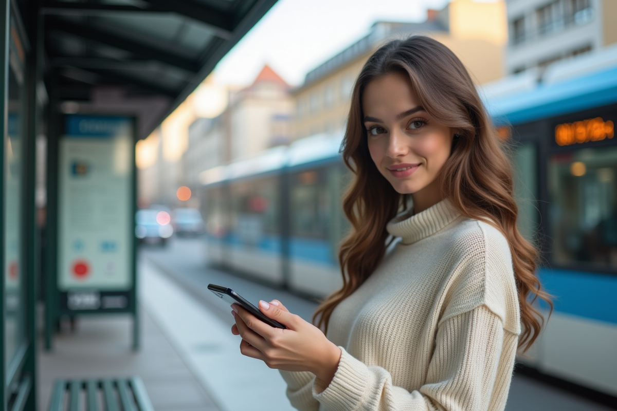 Jeune femme vérifiant une application boursière dans la ville