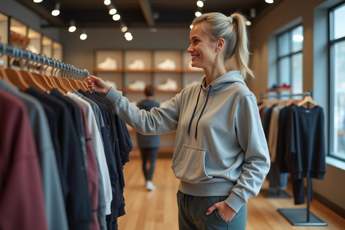 Femme confiante examinant des vêtements de sport en boutique