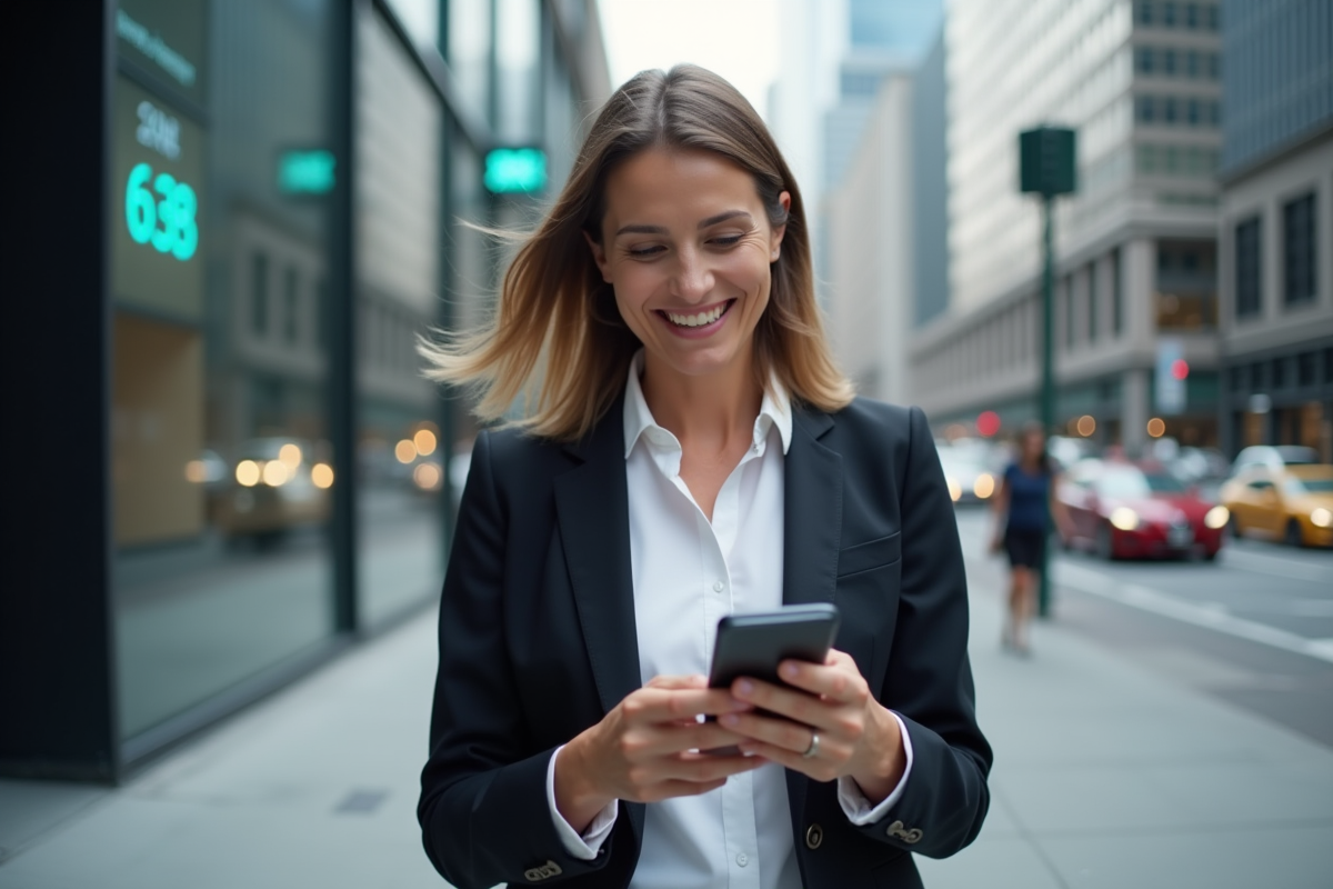 Femme dans la ville vérifiant son smartphone