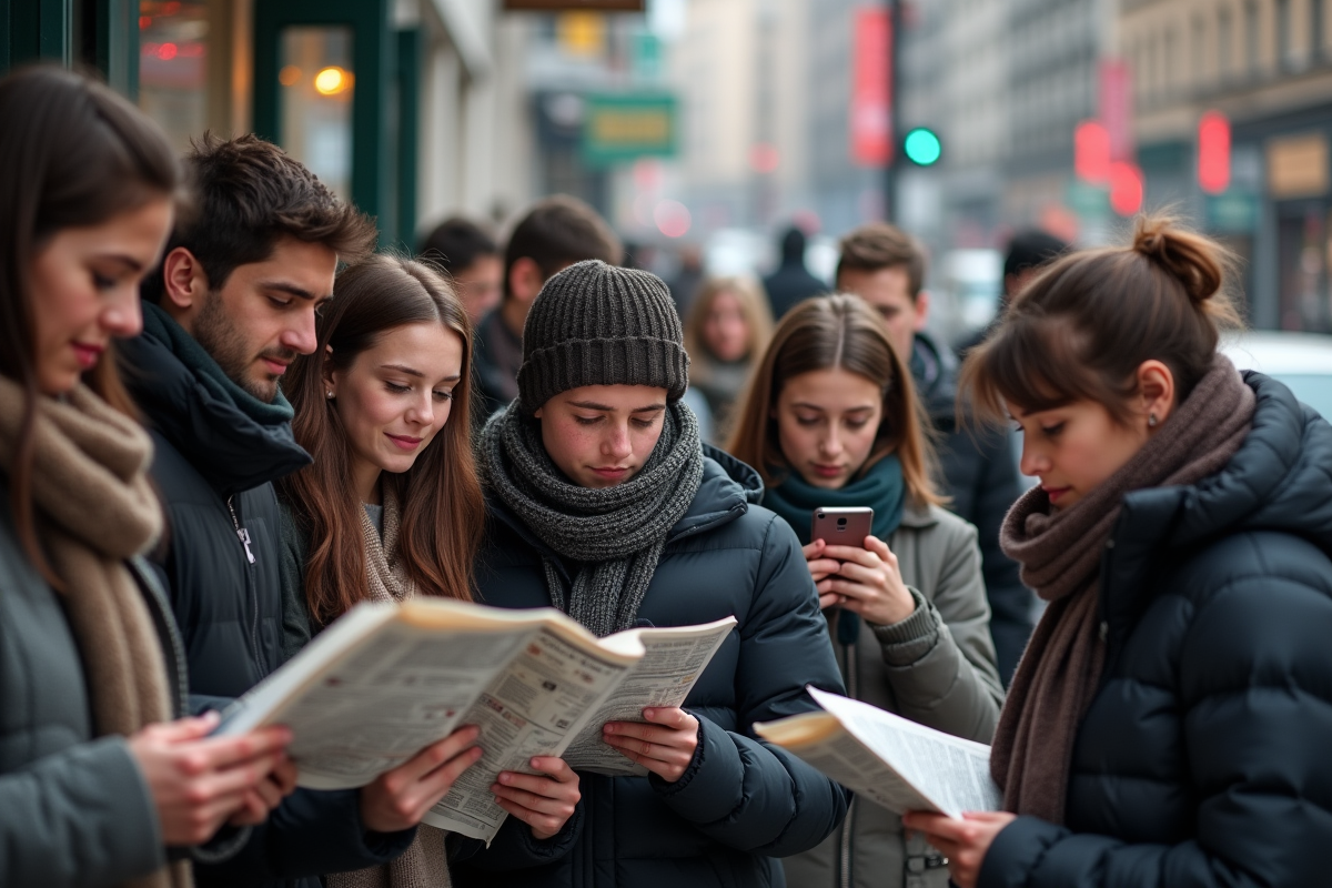 Groupe divers devant un kiosque à journaux en hiver