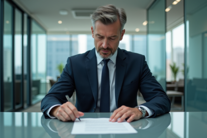 Homme d'affaires en costume examine un contrat de prêt dans une banque