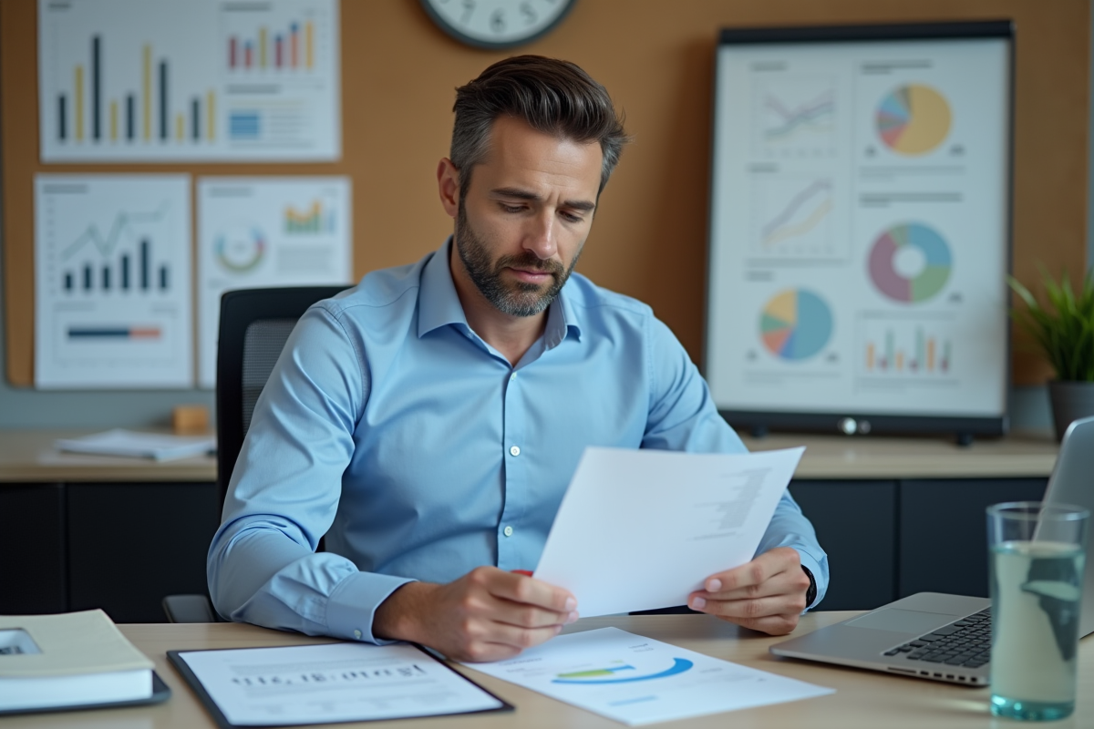 Homme d'affaires en bleu analysant des documents financiers