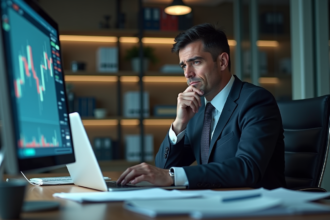 Homme d'affaires inquiet regardant la chute du marché boursier