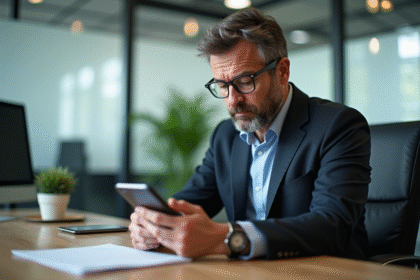 Homme d'affaires utilisant une application bancaire sur smartphone