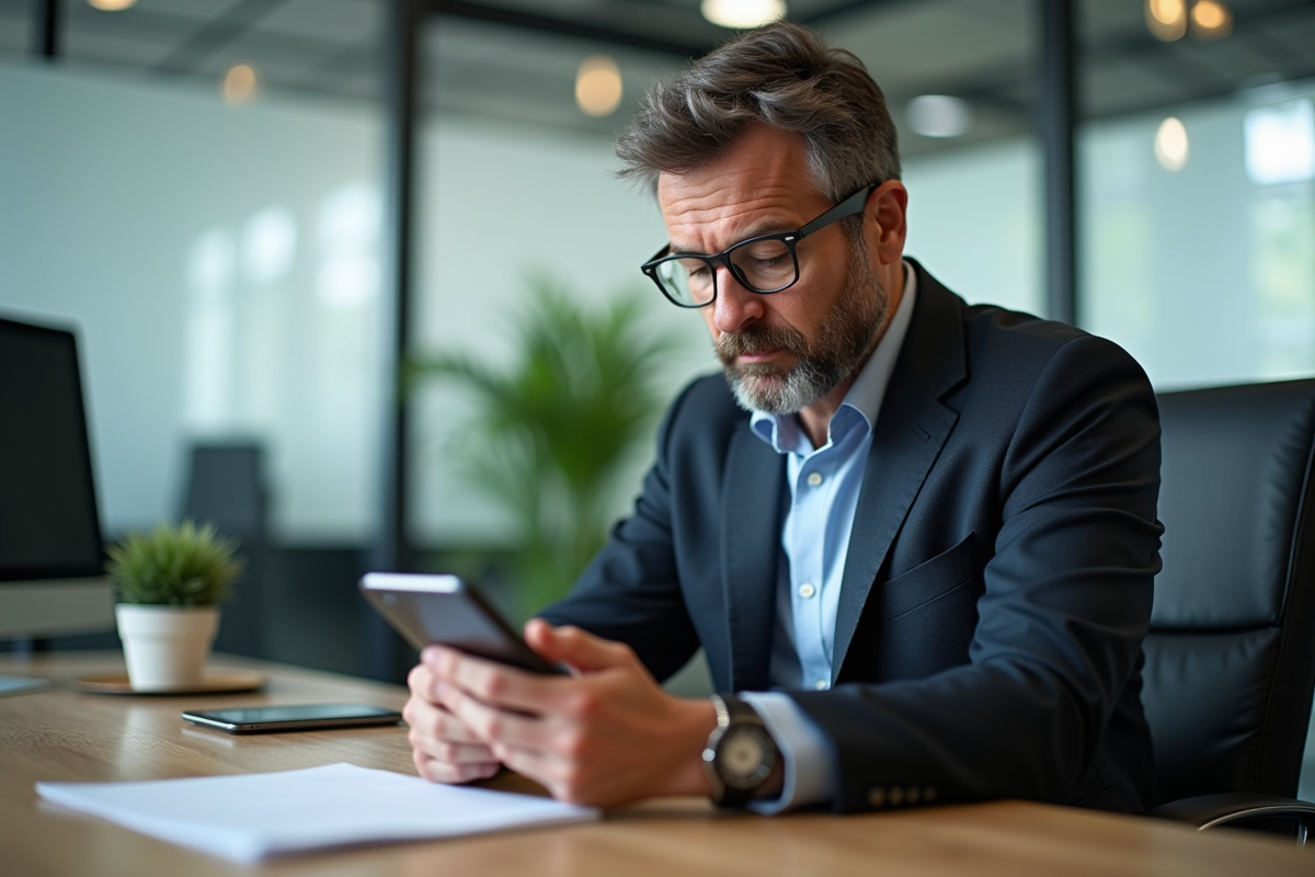 Homme d'affaires utilisant une application bancaire sur smartphone