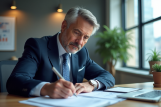 Homme d'affaires en costume bleu concentré sur documents