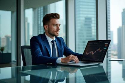 Jeune homme d'affaires en costume bleu regardant un graphique crypto