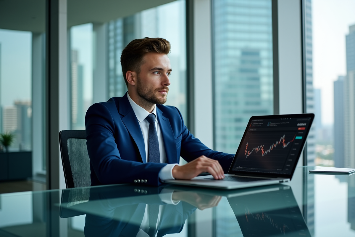 Jeune homme d'affaires en costume bleu regardant un graphique crypto