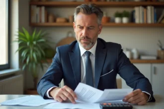 Homme d'affaires lisant un document dans une cuisine moderne