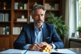 Homme d'âge moyen examinant des lingots d'or dans un bureau moderne