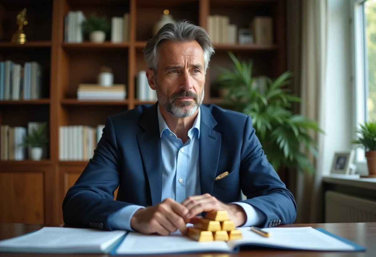 Homme d'âge moyen examinant des lingots d'or dans un bureau moderne