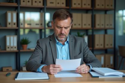 Homme d'âge moyen examinant des documents d'assurance
